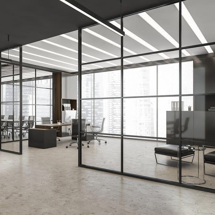 12mm stainless steel u channel - office interior with glass black framed wall partitions