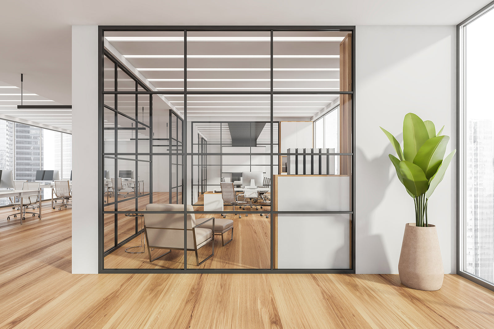 U channel for glass - White panoramic workspace interior