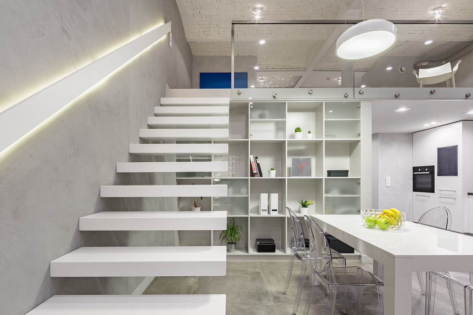 glass hardware - Loft apartment with white modern mezzanine stair