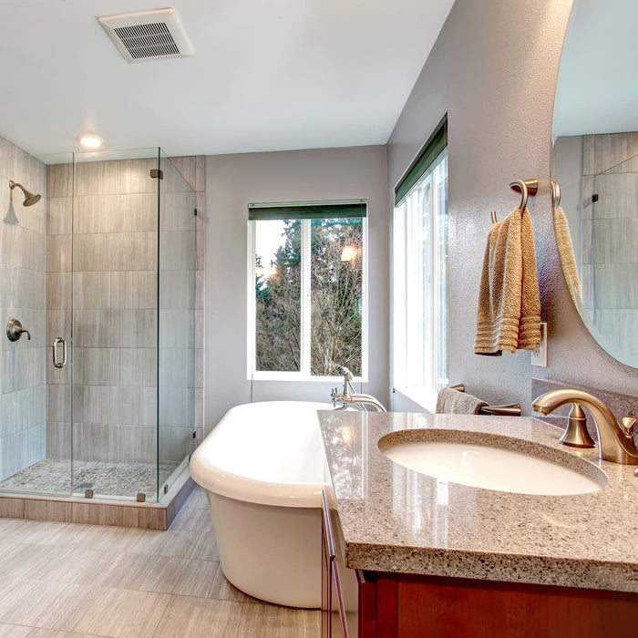 offset shower door hinges - modern bathroom interior with glass shower and tub