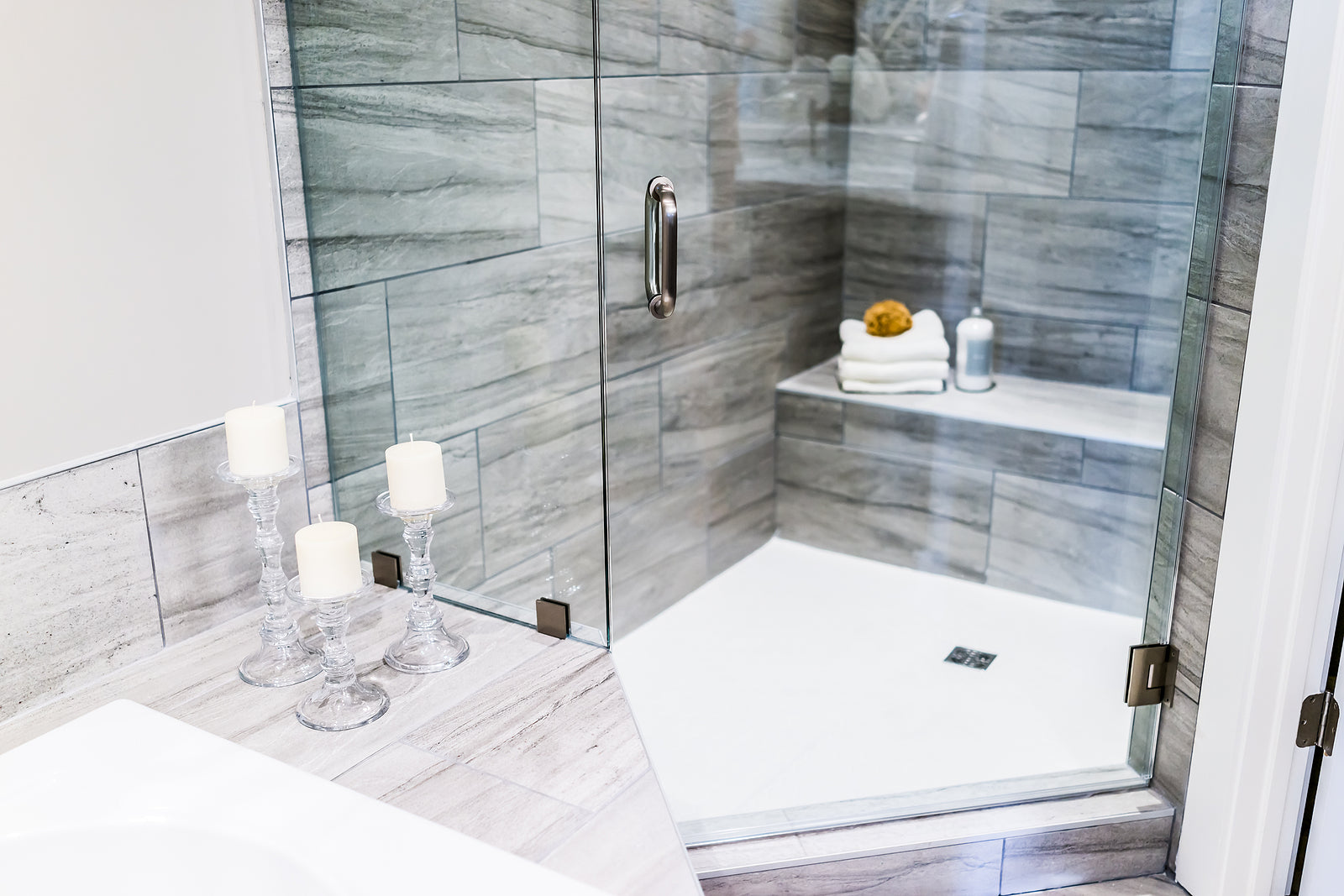 offset shower door hinges - modern stone grey tiled bathroom