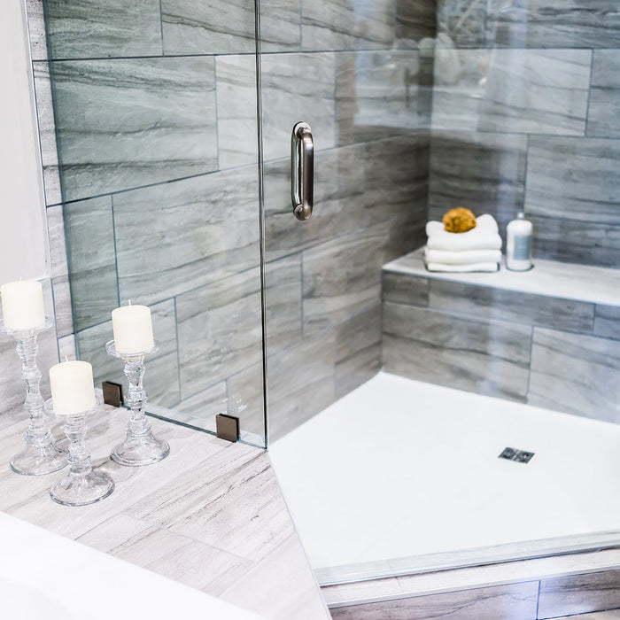offset shower door hinges - modern stone grey tiled bathroom
