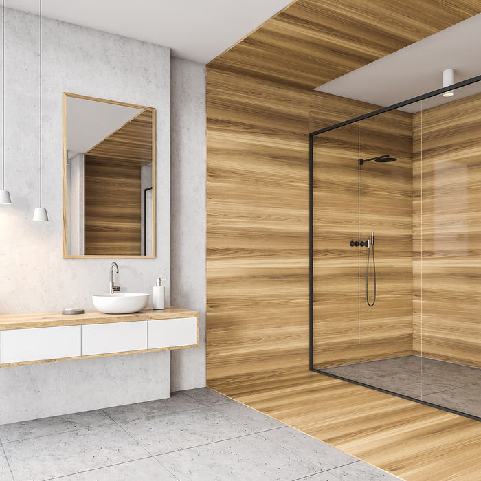 shower screen glass clamps - Wooden and white bathroom with sink