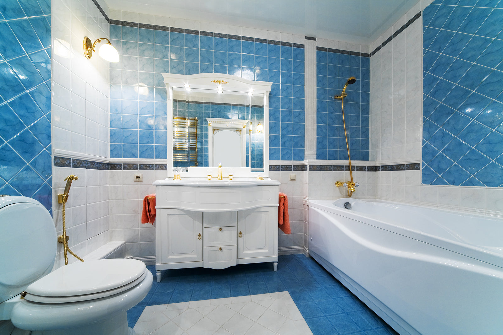 shower screen wall channel - Fashionable blue bathroom