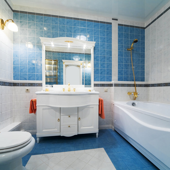 shower screen wall channel - Fashionable blue bathroom